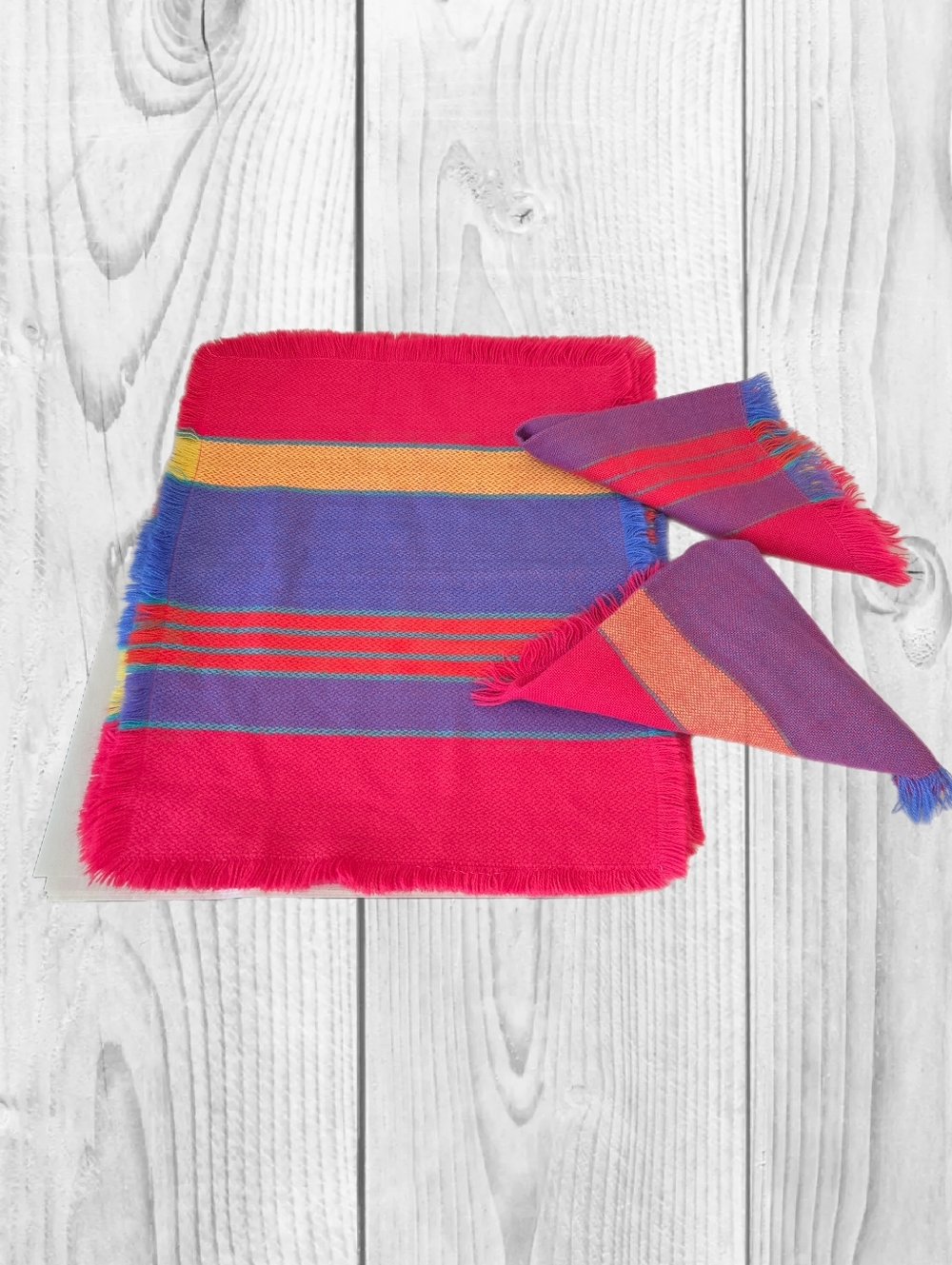 Vibrant Mexican Inspired Woven Cotton Fringe Placemats & Napkins Set Of 6 Each